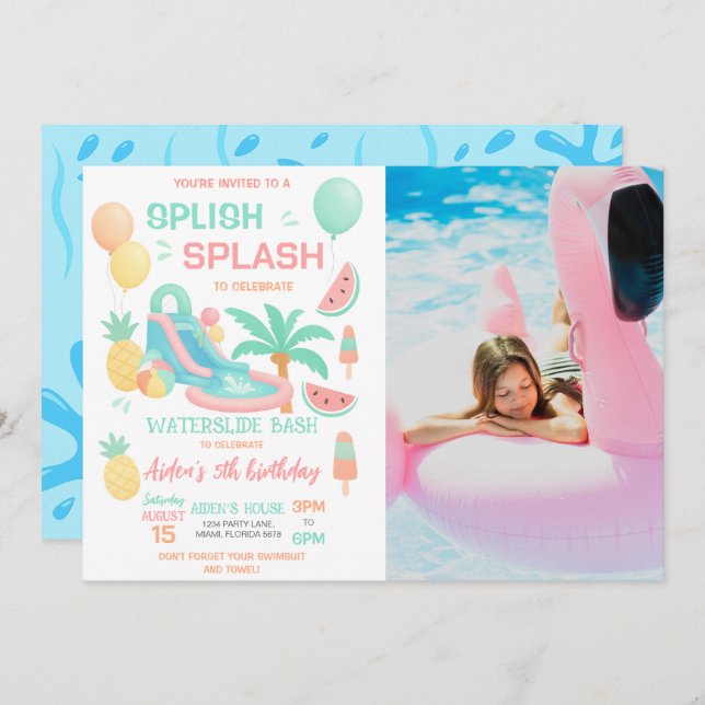 Water Slide Birthday Party Bash Photo Invitation (Front/Back)