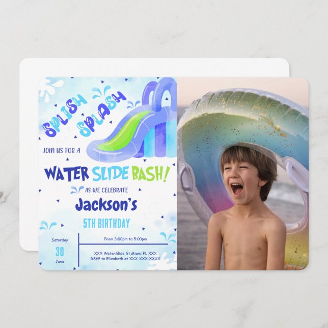 Water Slide Birthday Photo Invitation (Front/Back)