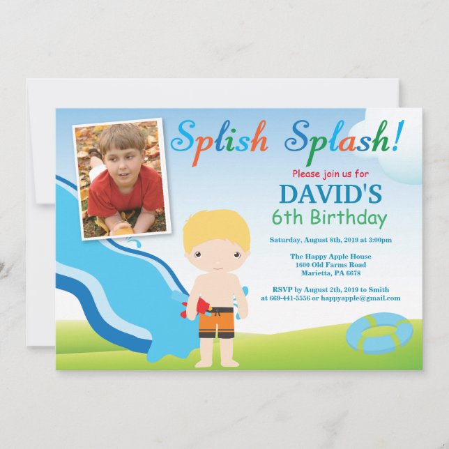 Water Slide Pool Party Birthday Invitation Boy (Front)