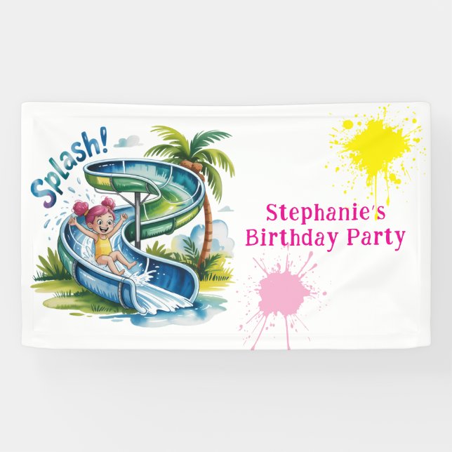 Water Slide Splash Girl Birthday Party  Banner (Horizontal)