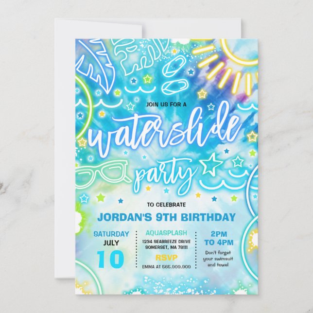 Water Slide Splash Pad Birthday Party Tie Dye Glow Invitation (Front)