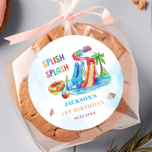 Water Slide Splish Splash Birthday Party  Classic Round Sticker (Creator Uploaded)