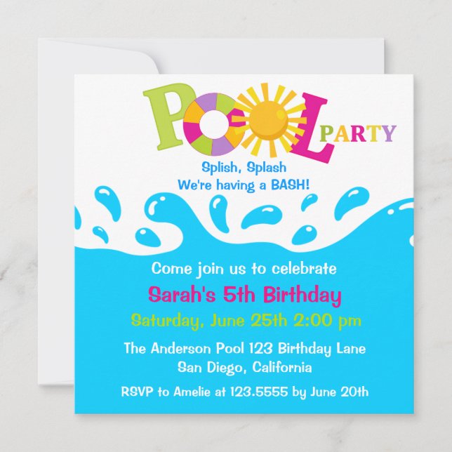 Water Splash Girl Pool Party Birthday Invitation (Front)
