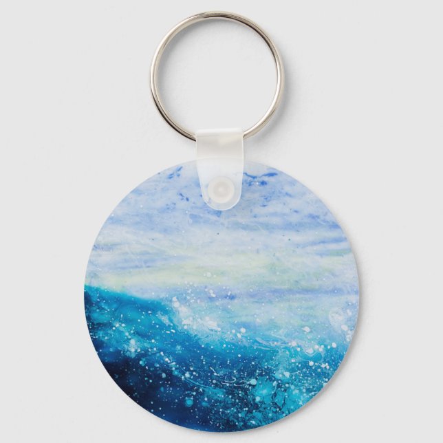 Water waves ocean wave blue teal painting key ring (Front)