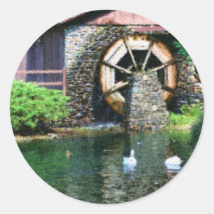 Water Wheel Duck Pond Seurat Painting  Classic Round Sticker