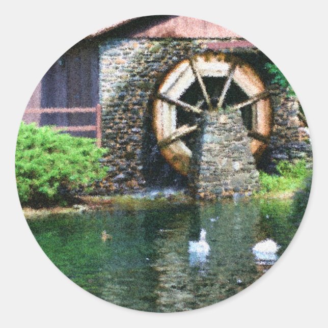 Water Wheel Duck Pond Seurat Painting  Classic Round Sticker (Front)