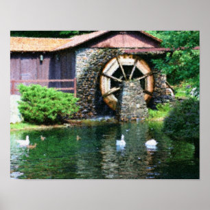 Water Wheel Duck Pond Seurat Photo Painting Poster