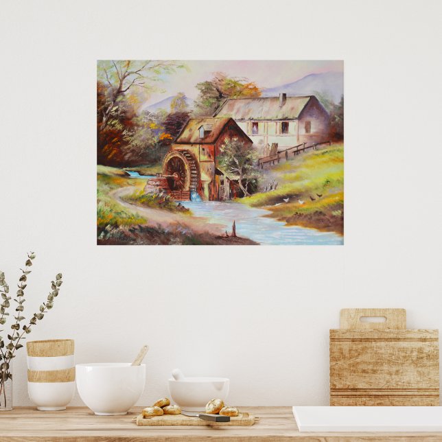 Water wheel in river landscape painting poster (Kitchen)