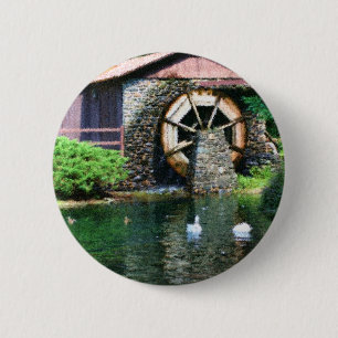 Water Wheel Pond Seurat Painting Button