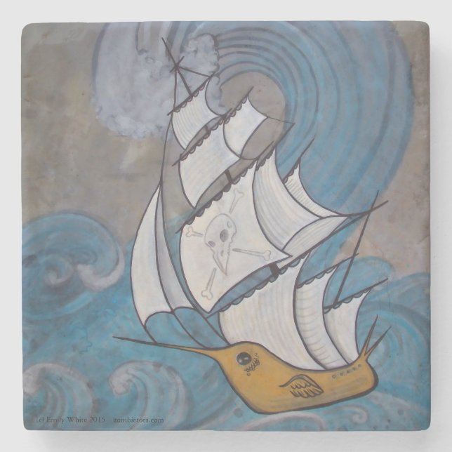 Water Wings Pirate Ship Bird Nautical Art Marble Stone Coaster (Front)