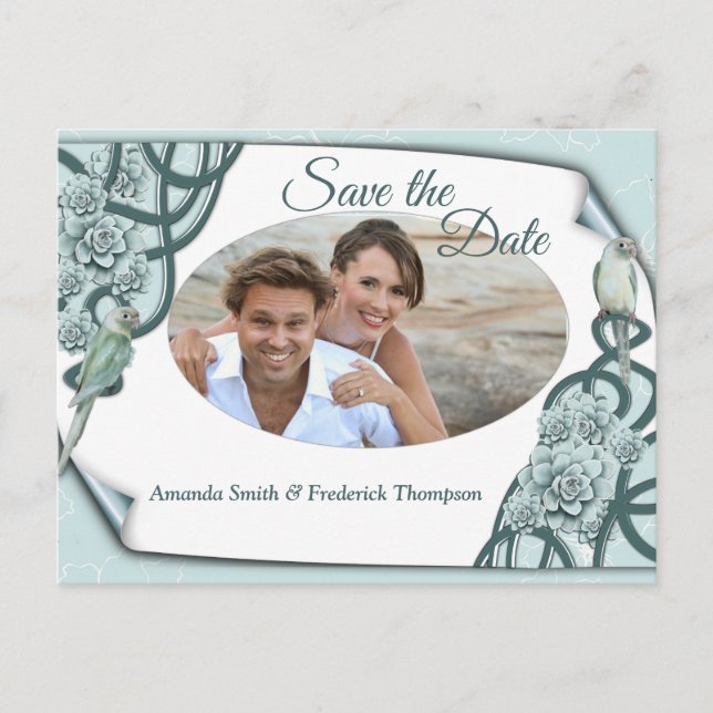 Water-wise Succulents in Mint blue / Pine Green Announcement Postcard (Front)