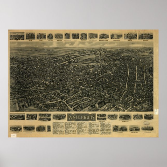 Waterbury Connecticut 1917 Antique Panoramic Map Poster (Front)