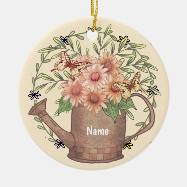 Watercan Pink Daisy  Ceramic Ornament (Front)