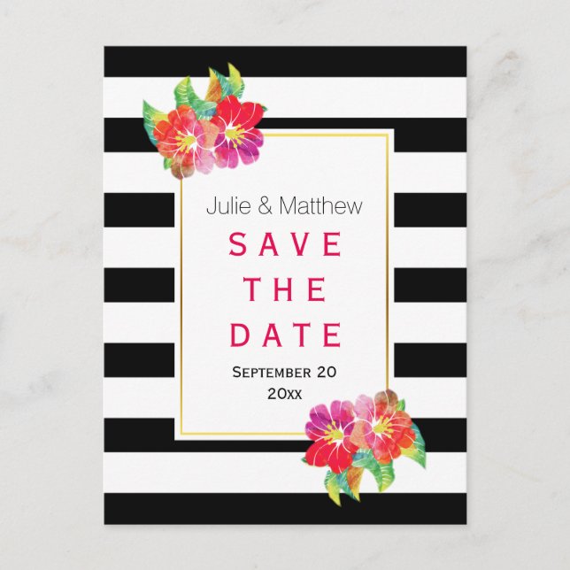 Waterclor flowers & stripes wedding Save the Date Announcement Postcard (Front)