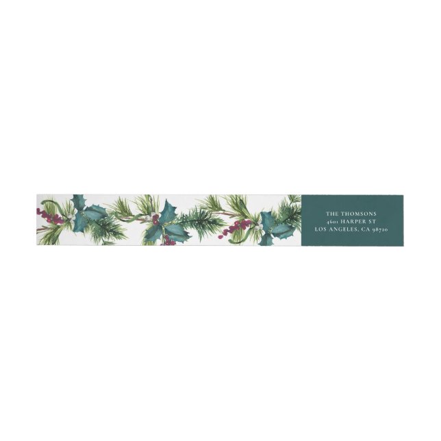 Watercolo Evergreen Leaves and Holly Holidays Wrap Around Label (Individual)
