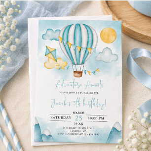 Watercolo Hot Air Balloon Kid 5th Birthday Party Invitation