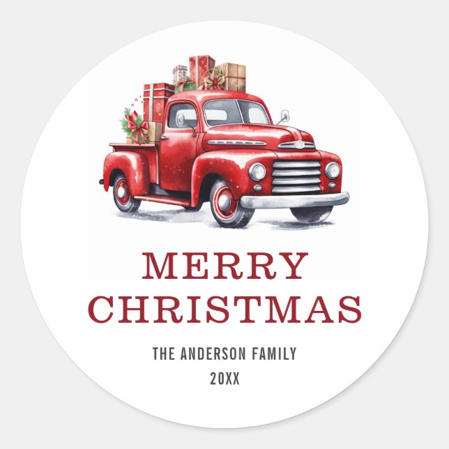 Watercolo Merry Christmas Red Truck Gifts Family Classic Round Sticker (Front)