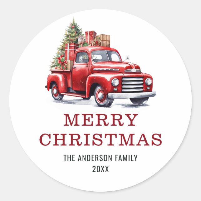 Watercolo Red Truck Tree Family Merry Christmas Classic Round Sticker (Front)