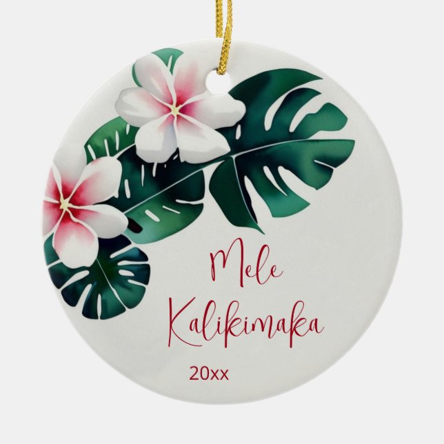 Watercolo Tropical Mele Kalikimaka | Family Photo  Ceramic Ornament (Front)