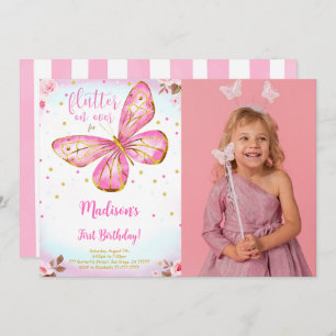 Watercolor 1st Birthday Butterfly Photo Invitation