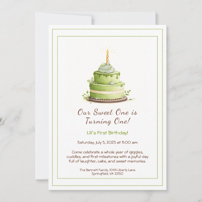 Watercolor 1st Birthday Invitation - Cake green (Front)