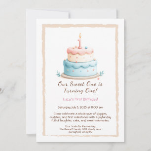 Watercolor 1st Birthday Invitation with Cake Candl