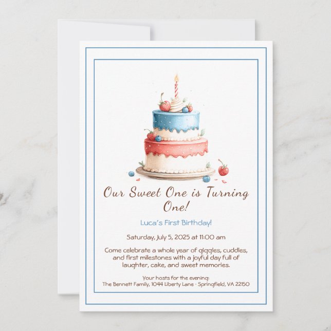 Watercolor 1st Birthday Invitation with Cake Candl (Front)
