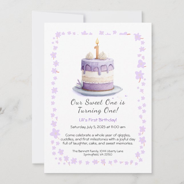 Watercolor 1st Birthday Invitation with Cake lilac (Front)