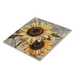 Watercolor 2 Glossy Sunflowers Elegant Collection Ceramic Tile