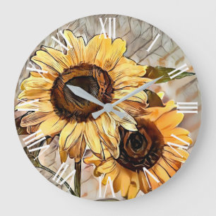 Watercolor 2 Glossy Sunflowers Elegant Collection Large Clock