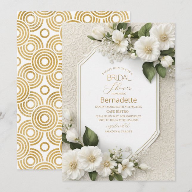  Watercolor 3D white flowers  gold  Bridal Shower Invitation (Front/Back)