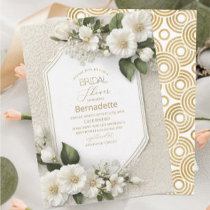 Watercolor 3D white flowers  gold  Bridal Shower Invitation