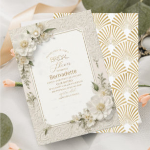  Watercolor 3D white flowers  gold  Bridal Shower Invitation