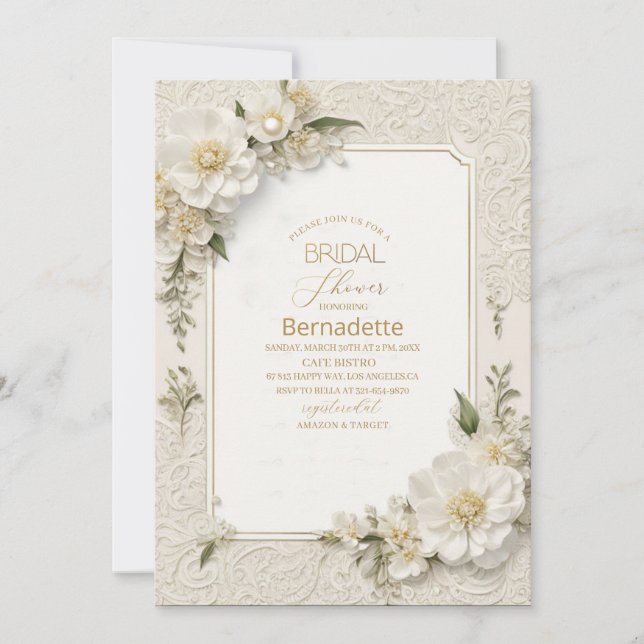  Watercolor 3D white flowers  gold  Bridal Shower Invitation (Front)