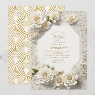 Watercolor 3D white flowers gold Bridal Shower Invitation