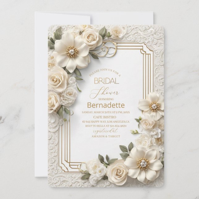  Watercolor 3D white flowers  gold  Bridal Shower Invitation (Front)