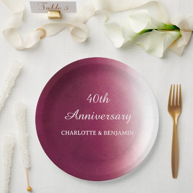 Watercolor 40 years Anniversary  Ruby Wedding  Paper Plate (Wedding)