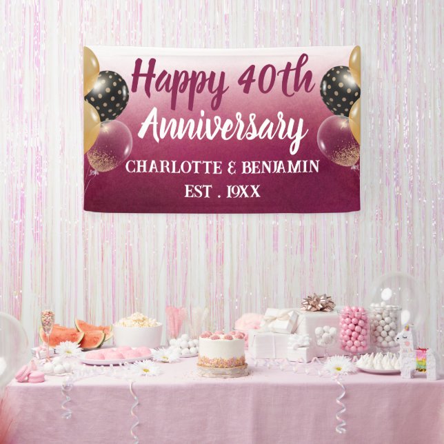 Watercolor 40th Anniversary Balloon Ruby Wedding  Banner (Party)