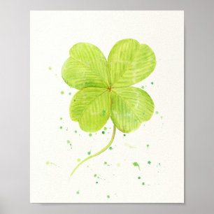 Watercolor 4 leaf clover, lucky clover poster