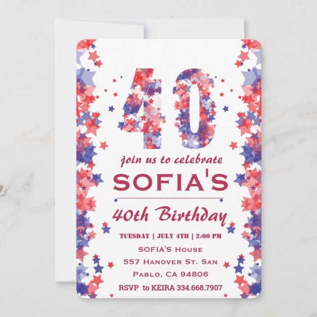Watercolor 4th July 40th Birthday Party Invitation (Front)