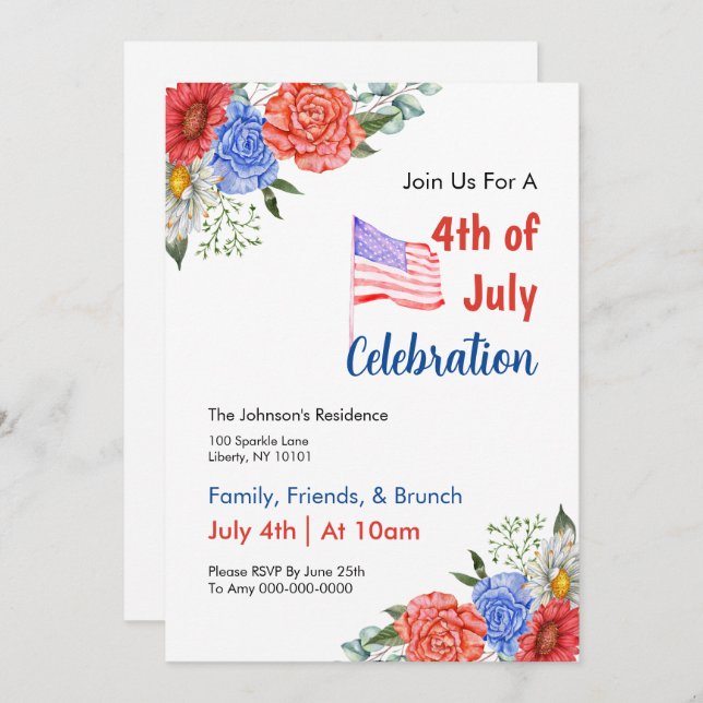 Watercolor 4th of July Brunch Invitation (Front/Back)