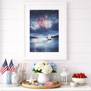 Watercolor 4th of July Fireworks & Sailboats Scene Poster