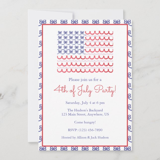 Watercolor 4th of July Patriotic Bow American Flag Invitation (Front)