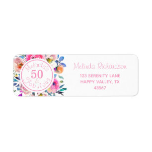 Watercolor 50 and Fabulous Pink Roses Floral Return Address Label