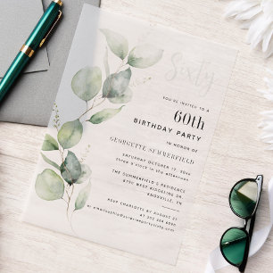 Watercolor 60th Birthday Party Eucalyptus Vellum Invitations