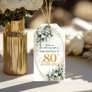 Watercolor 80th Birthday Green And Gold Tag