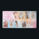 Watercolor 8-Photo Baby Collage w/Custom Script Desk Mat<br><div class="desc">Unique watercolor style pastel pink,  blue and orange splatter design featuring eight-photo collage template with custom "Hello World" script and three editable text fields. Each photo template has a subtle drop shadow effect.</div>