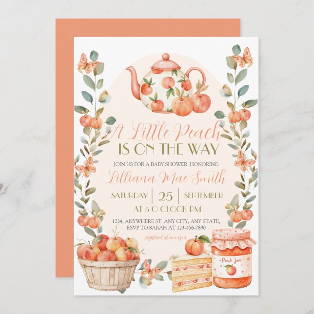 Watercolor A Little Peach is on the Way Invitation (Front/Back)