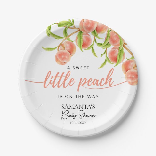 Watercolor A Sweet Little Peach Baby Shower Paper Plate (Front)