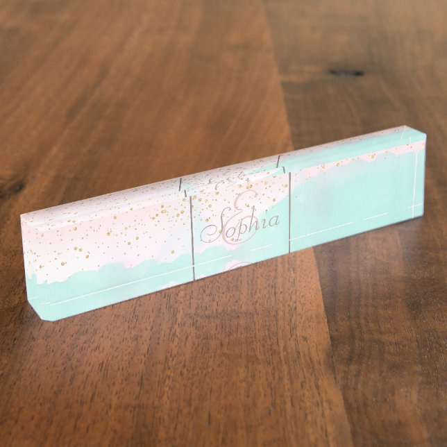 Watercolor abstract and golden confetti design nameplate (Side)